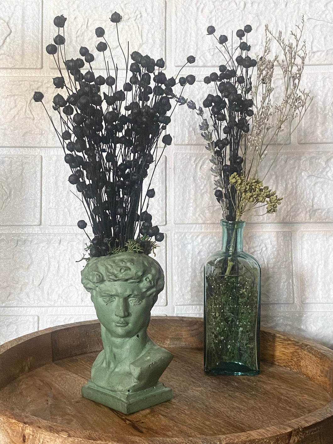 Sage Green David Head Vase with Flowers
